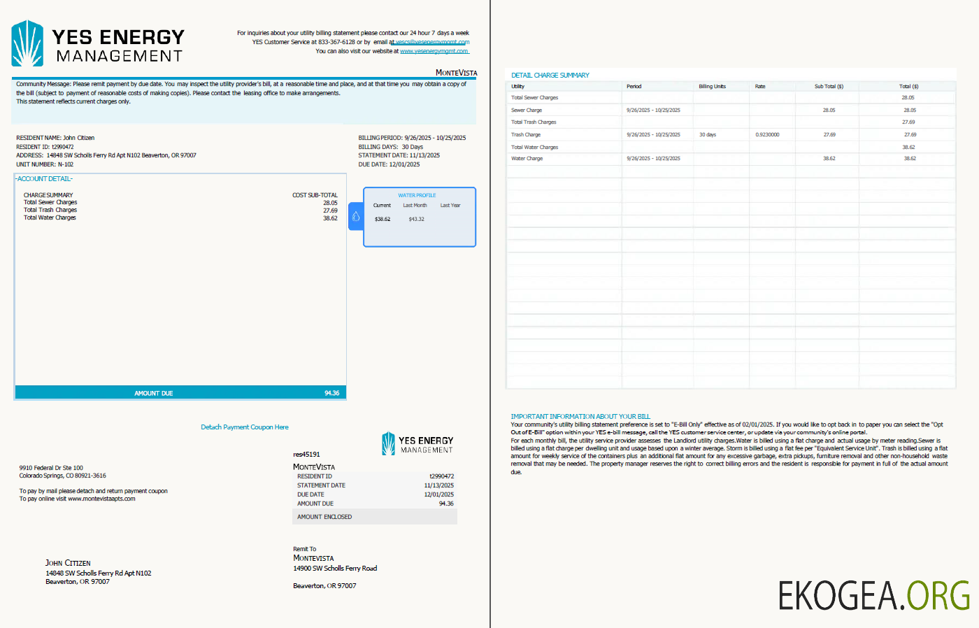 USA YES Energy Management utility bill template in Word and PDF formats, 2 pages
